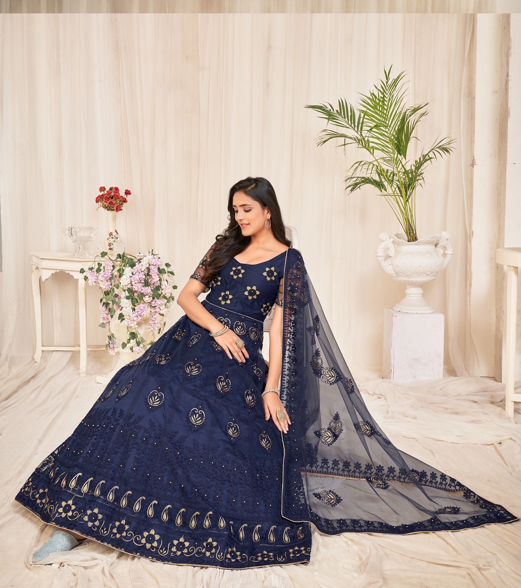 Aastha Navy Blue Dupatta with Net top fabric Crepe Bottom fabric