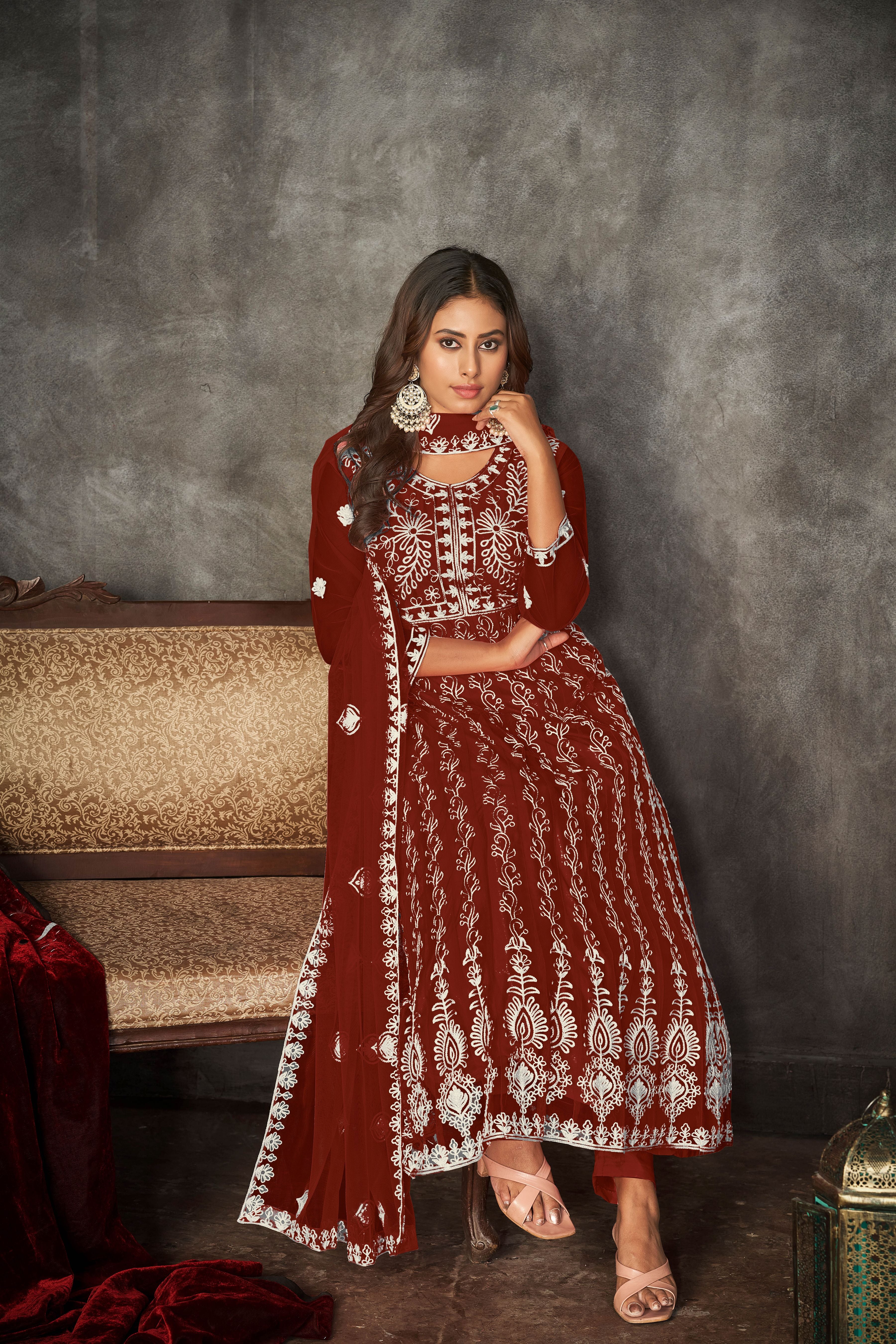 Aastha Maroon Dupatta with Net top fabric Georgette Crepe Bottom fabric