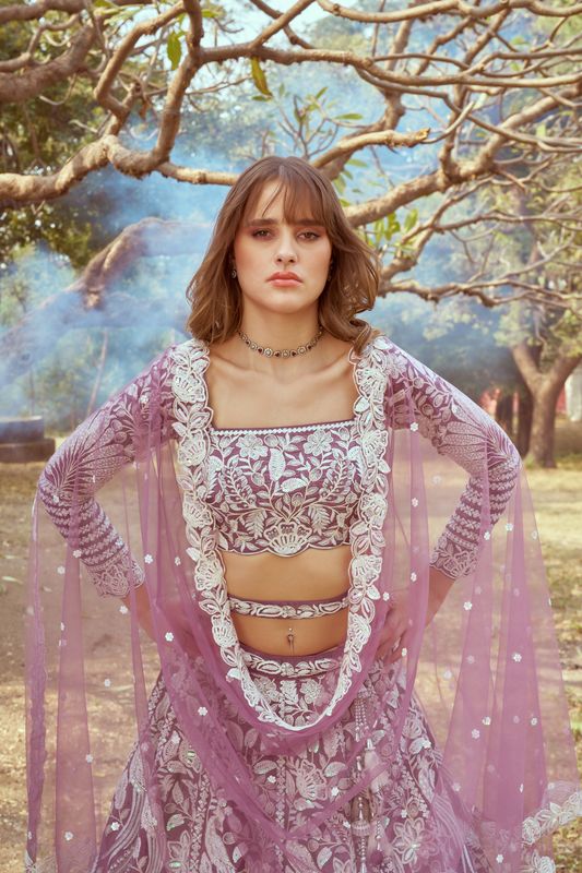 Aastha fashion Lavender Organza lehanga blouse Embroidery Work