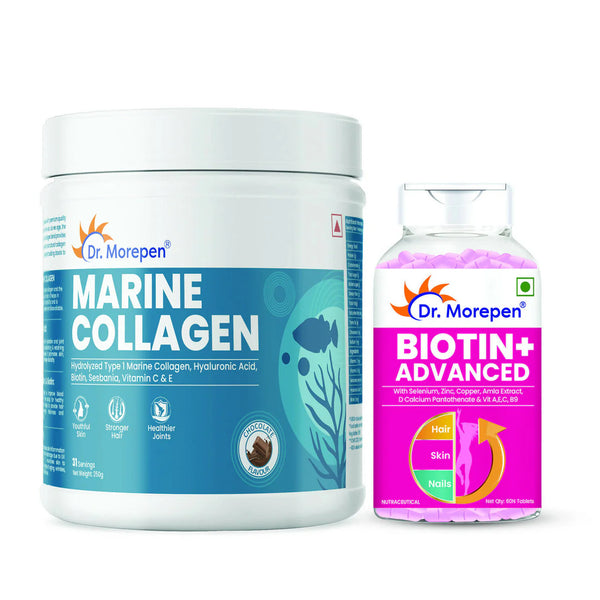 Dr. Morepen Biotin+ Advanced Tablets and Marine Collagen Protein Powder Chocolate Flavour Combo -combo