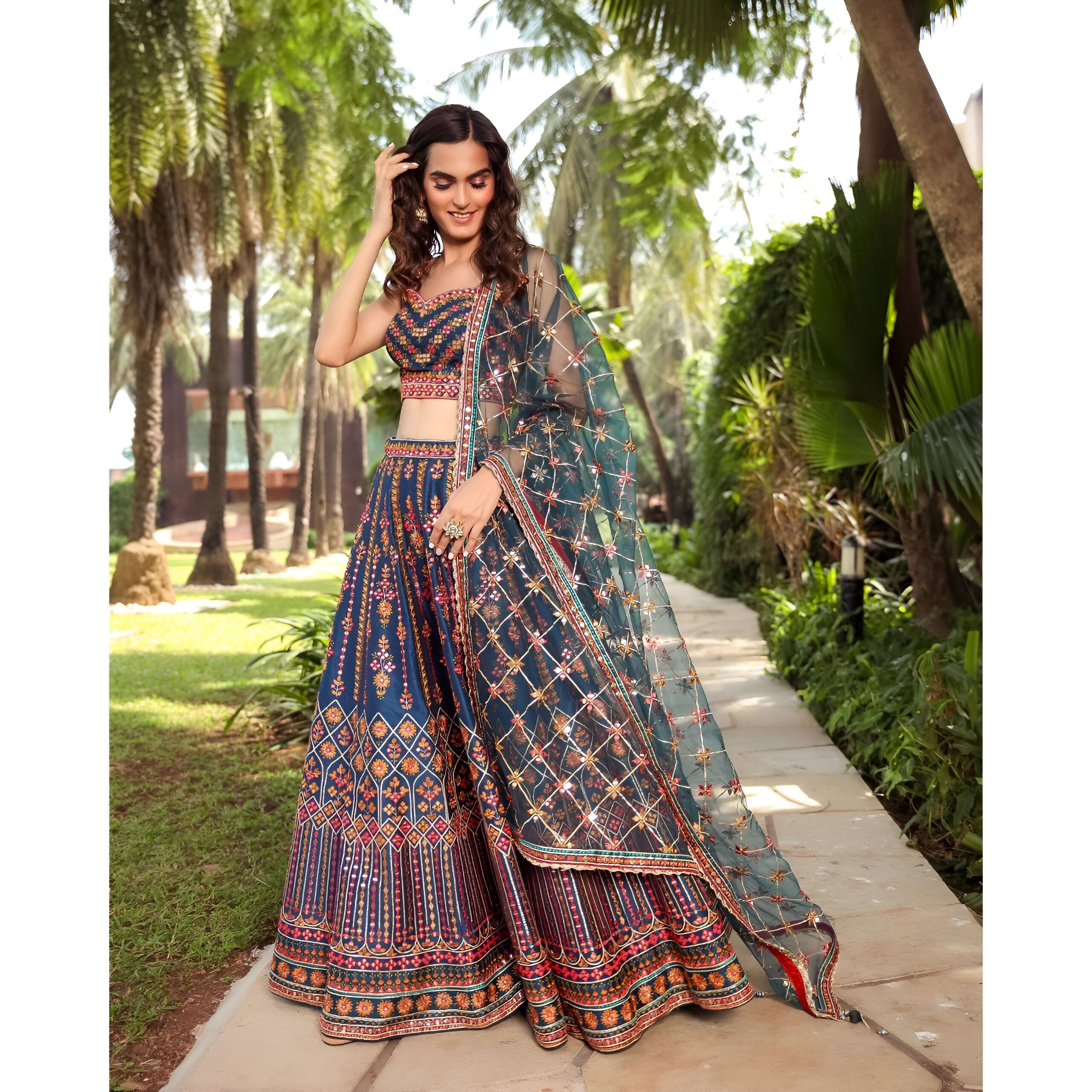 Aastha fashion Teal Blue Lehenga Choli with Chinnon Blouse