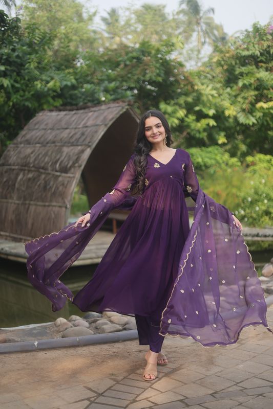 Aastha Purple Faux Blooming Russian Silk with Gown Embroidered Work