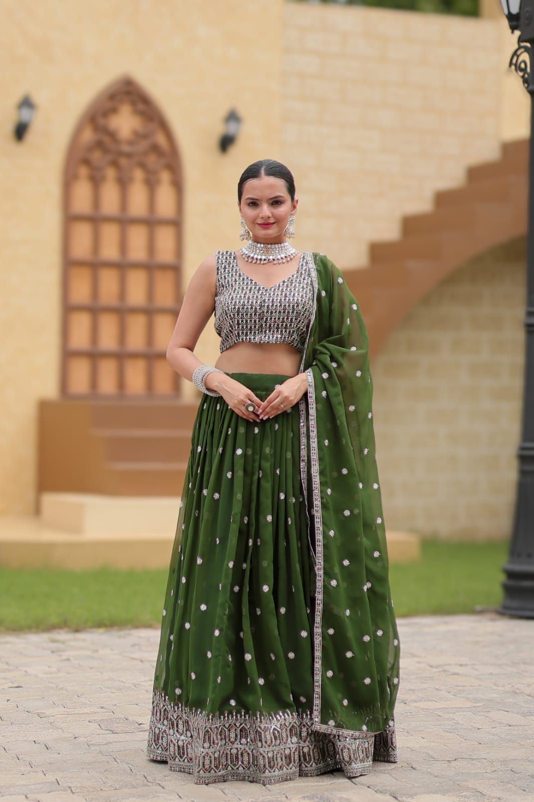 Aastha fashion green faux georgette lehanga blouse fabric embroidery work