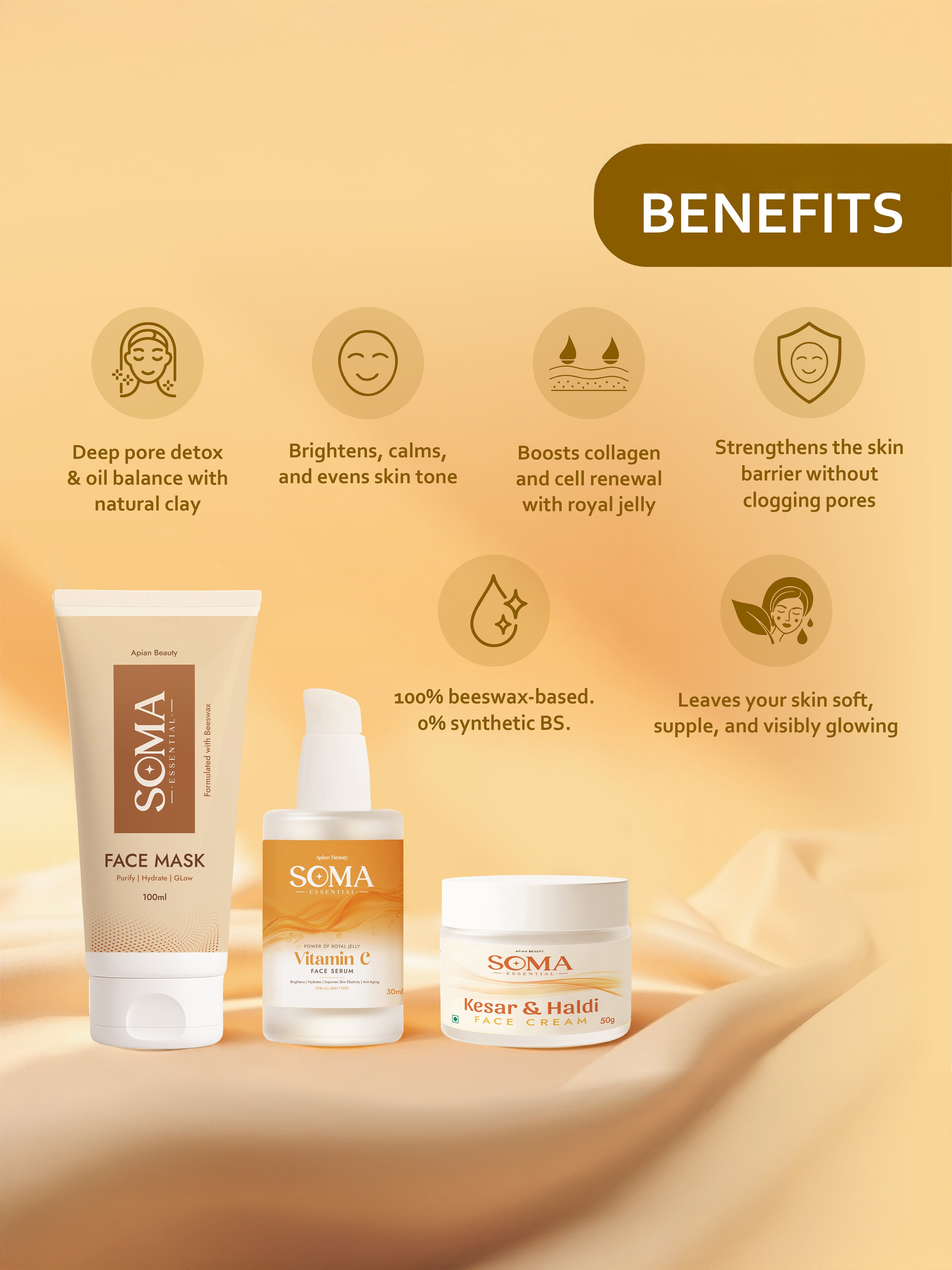 Soma Essential D-Tan Mask +  Royal Jelly Vitamin C Serum + Day cream For Weekly Glow