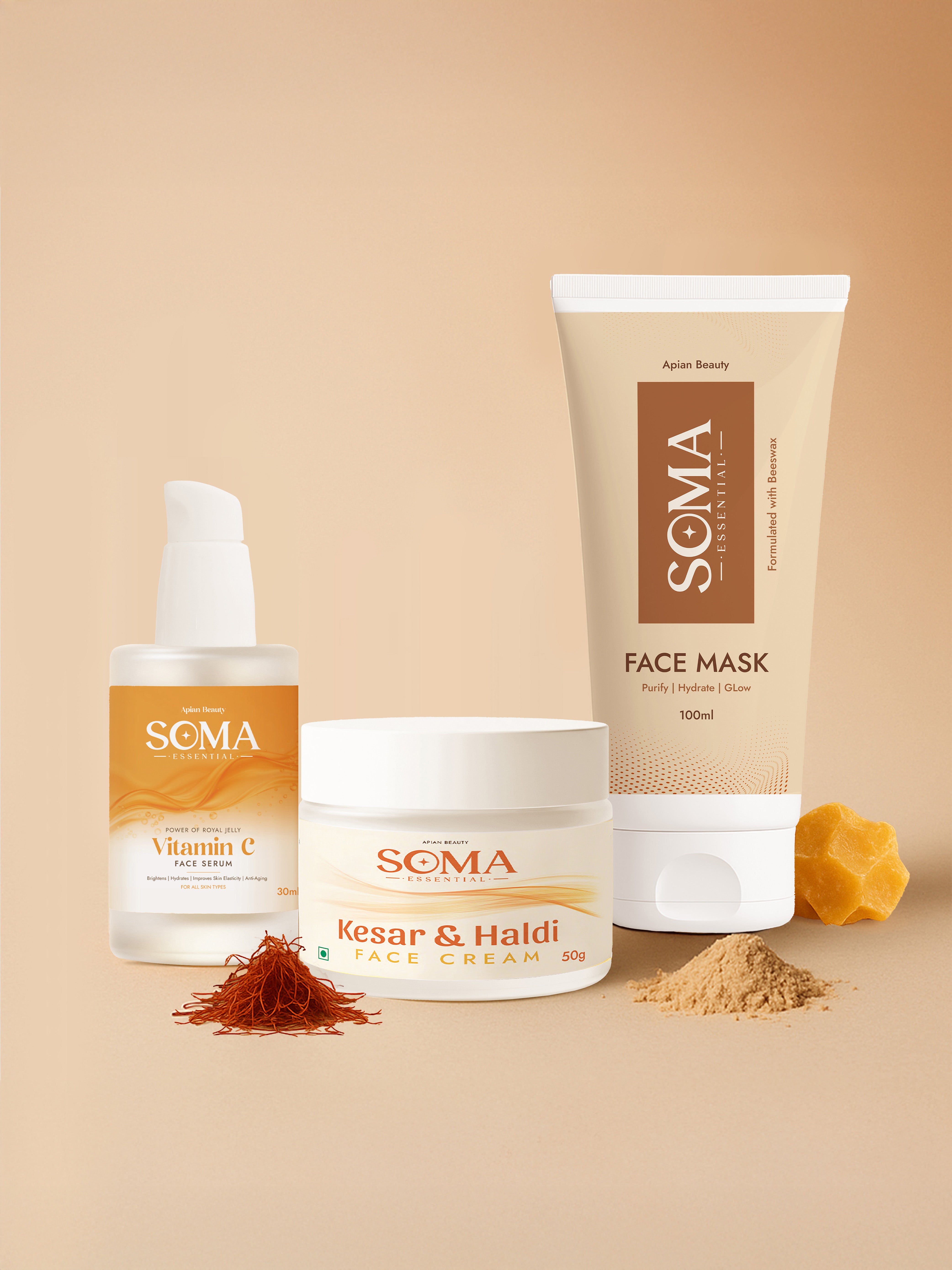 Soma Essential D-Tan Mask +  Royal Jelly Vitamin C Serum + Day cream For Weekly Glow