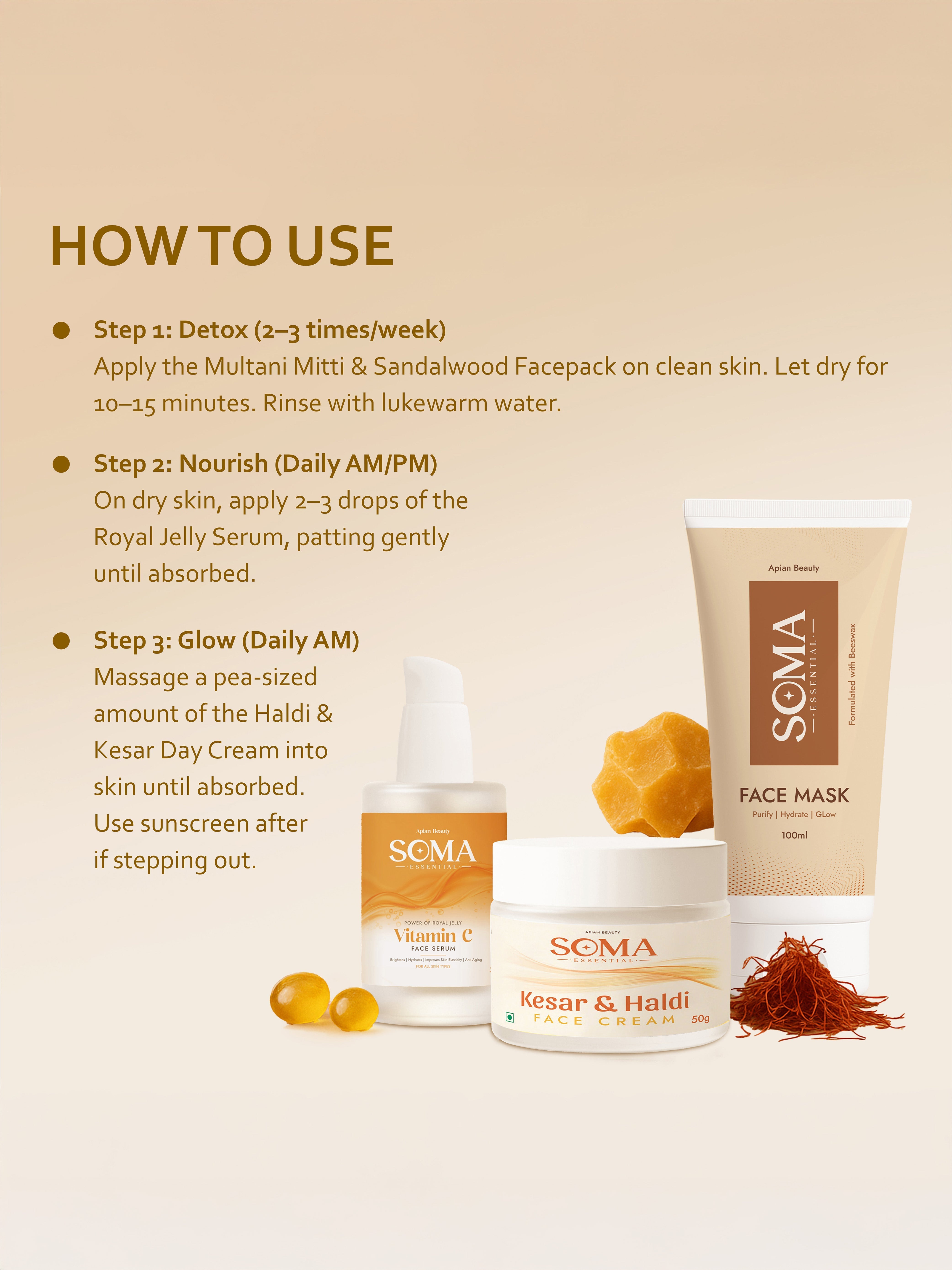 Soma Essential D-Tan Mask +  Royal Jelly Vitamin C Serum + Day cream For Weekly Glow