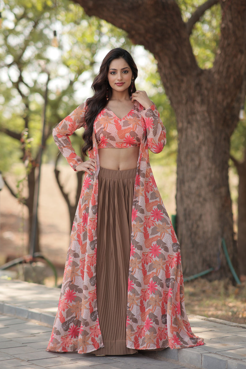Aastha fashion coffee Faux Georgette lehanga  blouse fabric embroidery work