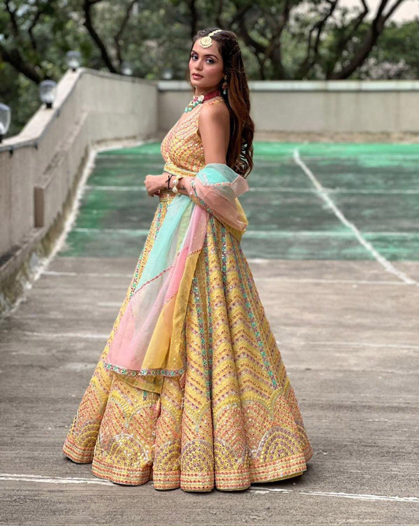 Aastha fashion off Yellow Lehenga Choli with Dola Silk With Fusing  blouse fabric