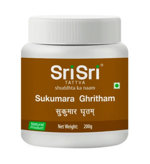 Sri Sri Tattva Sukumara Ghritam container on a white background