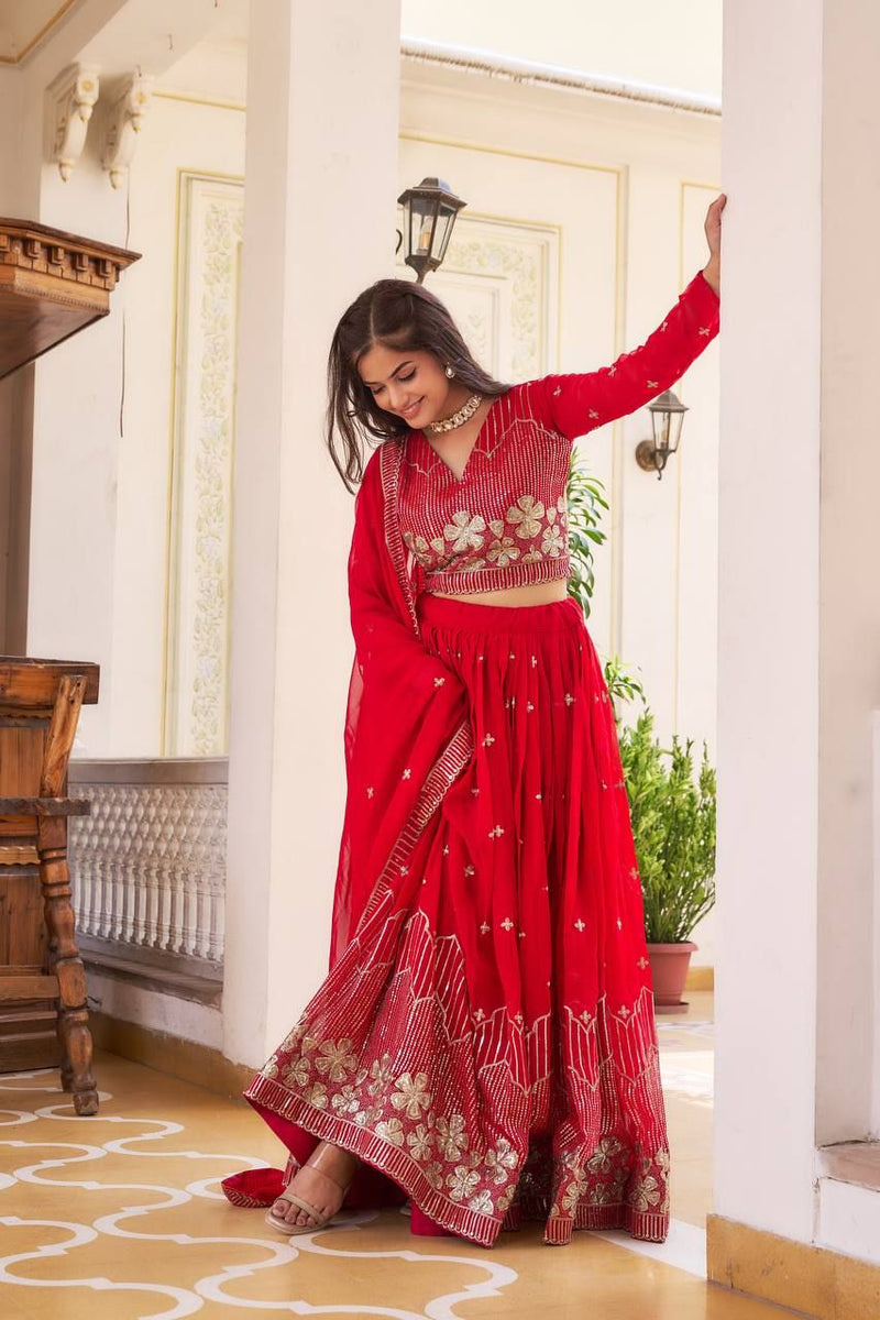 Aastha fashion Red Heavy Fox Georgette lehanga blouse fabric Embroidery Sequence Work