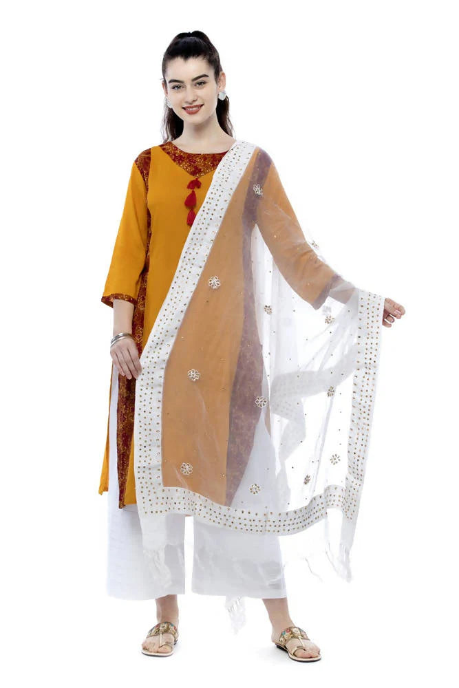 Mominos Fashion White Orgenza Nug Embroidery Dupatta