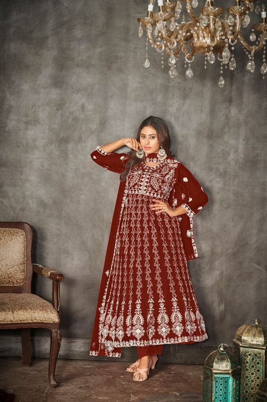 Aastha Maroon Dupatta with Net top fabric Georgette Crepe Bottom fabric