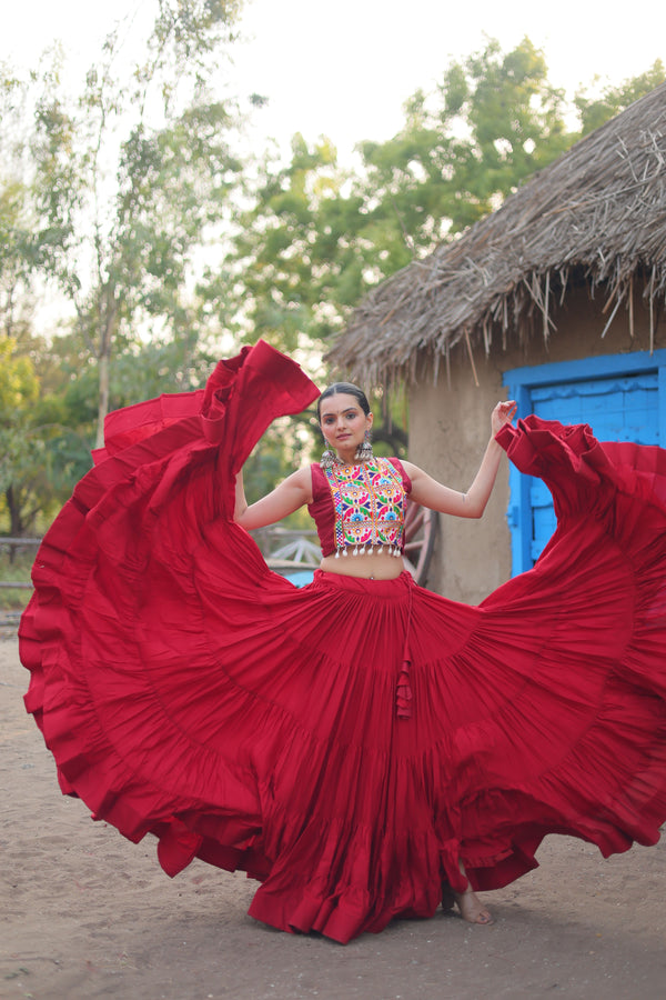 Aastha fashion off red Lehenga Choli with 14Kg Reyon with Standard Frill fabric blouse fabric