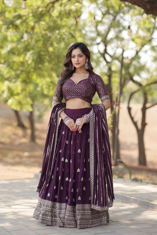 Aastha fashion wine Faux Blooming lehanga  blouse fabric embroidery work