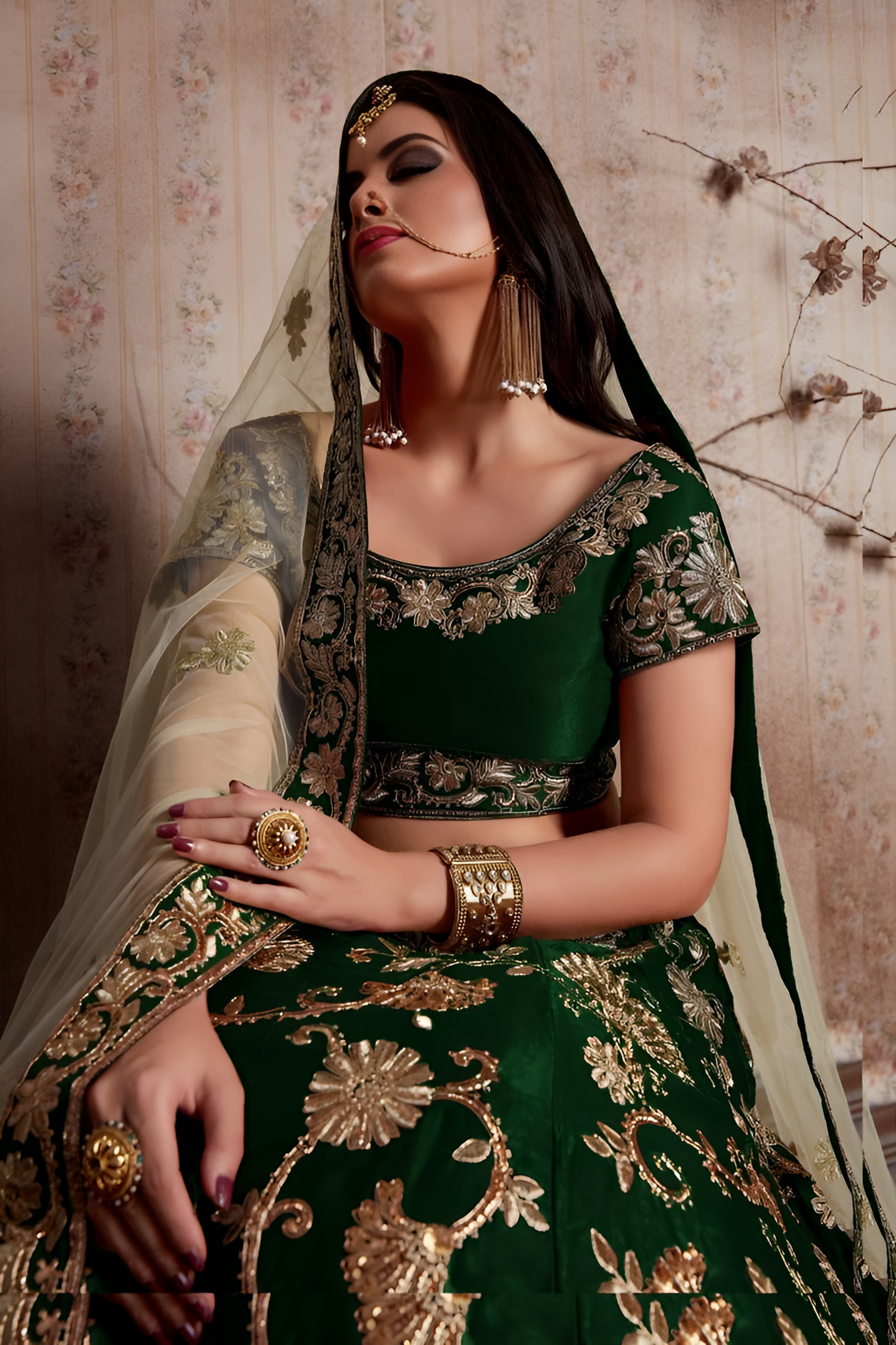 Aastha fashion green semi velvet slik lehanga blouse fabric embroidery work