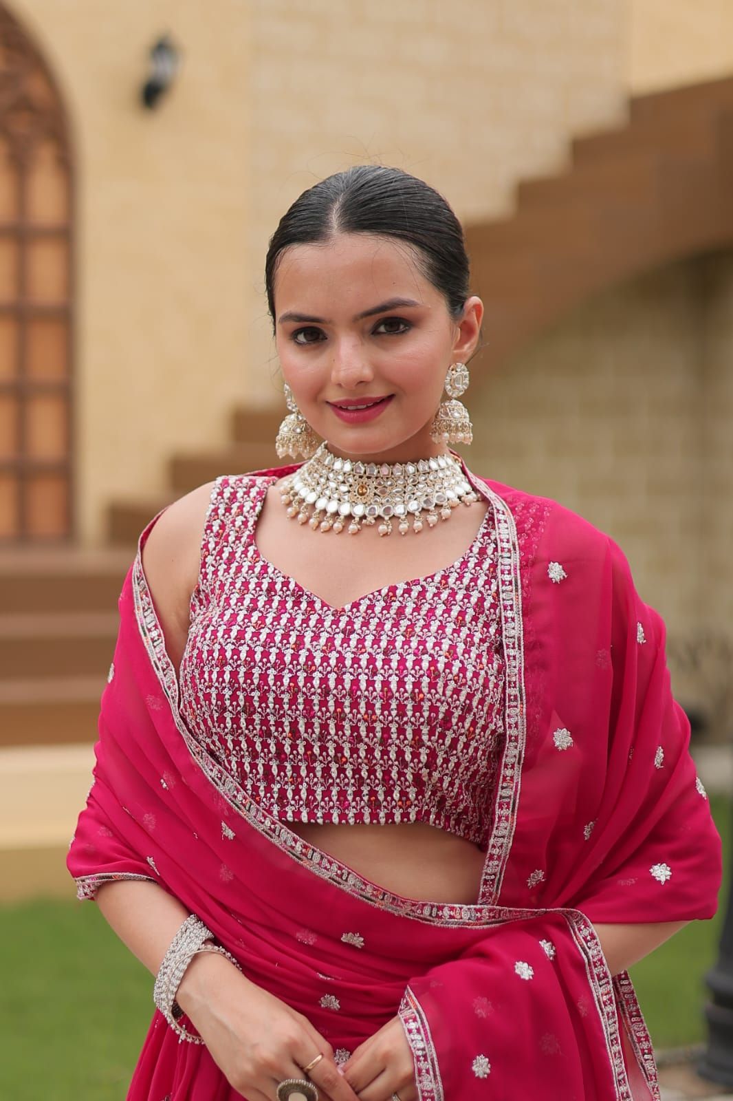 Aastha fashion pink faux georgette lehanga blouse fabric embroidery work