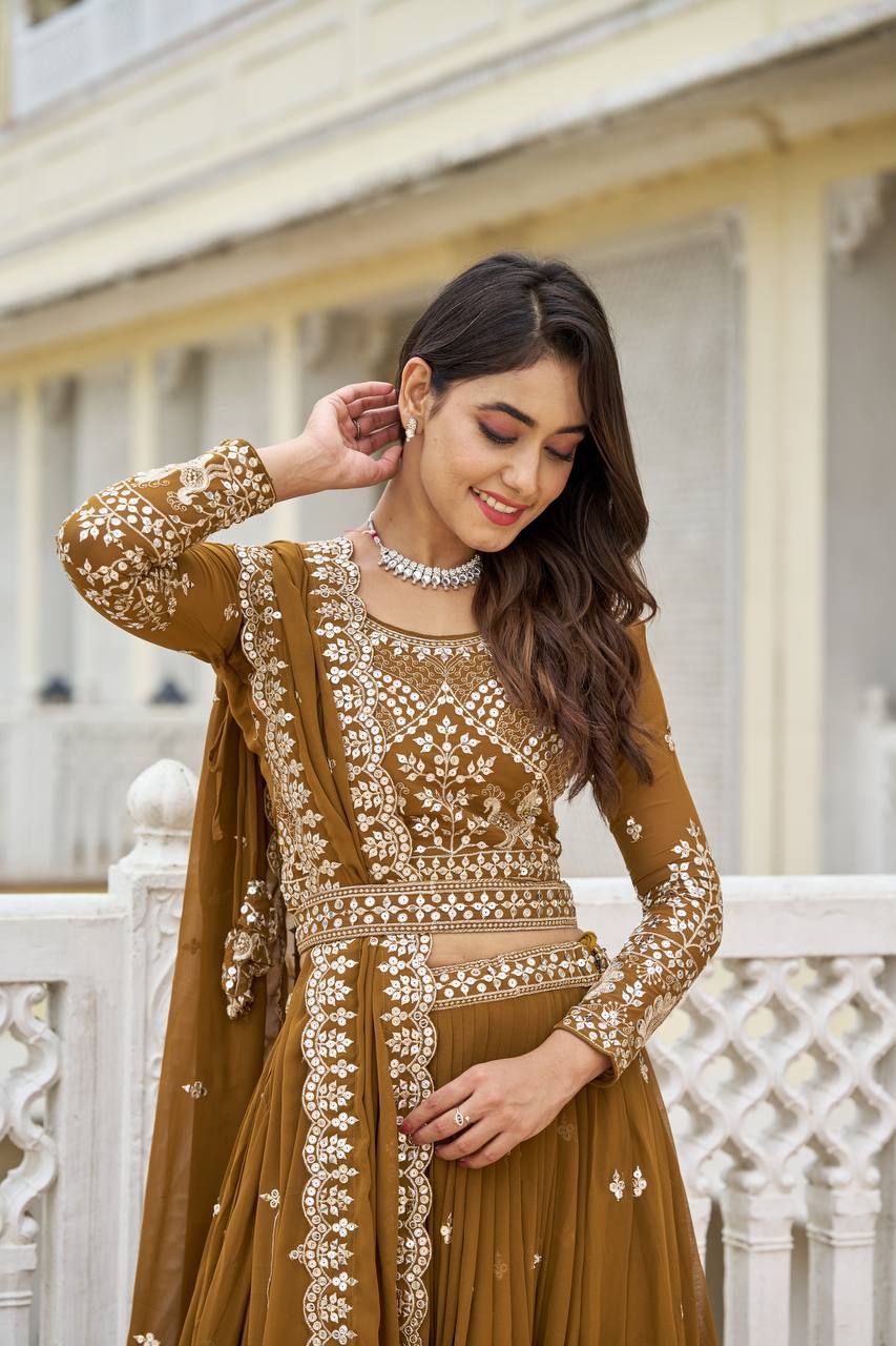 Aastha fashion Mustard Heavy Fox Georgette lehanga blouse Embroidery 7mm Sequence Work with Belt