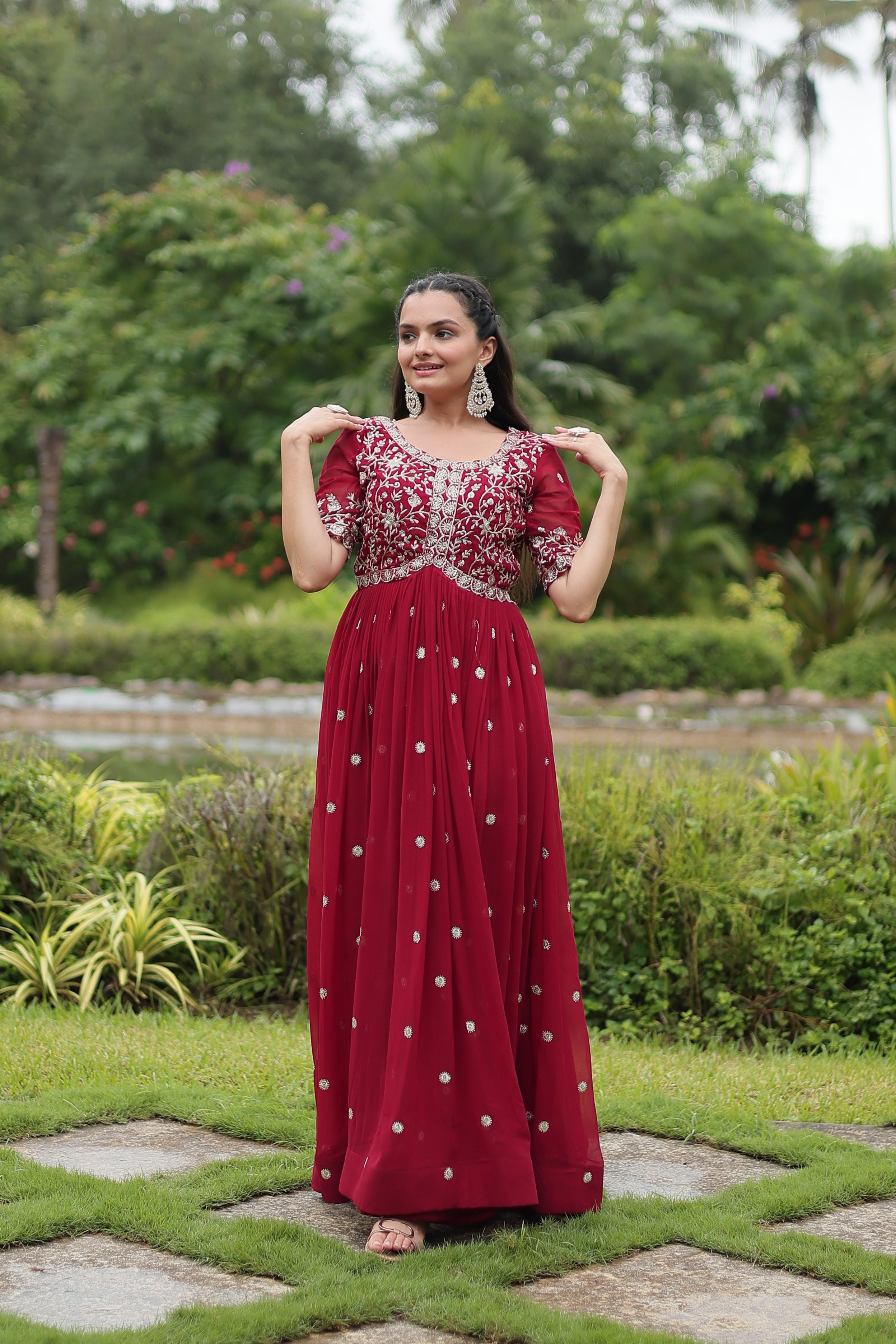 Aastha Maroon Faux Blooming with Gown Embroidery Zari Sequins-work