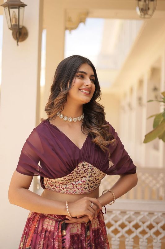 Aastha fashion wine Lehenga Chinnon koti febric embroidery