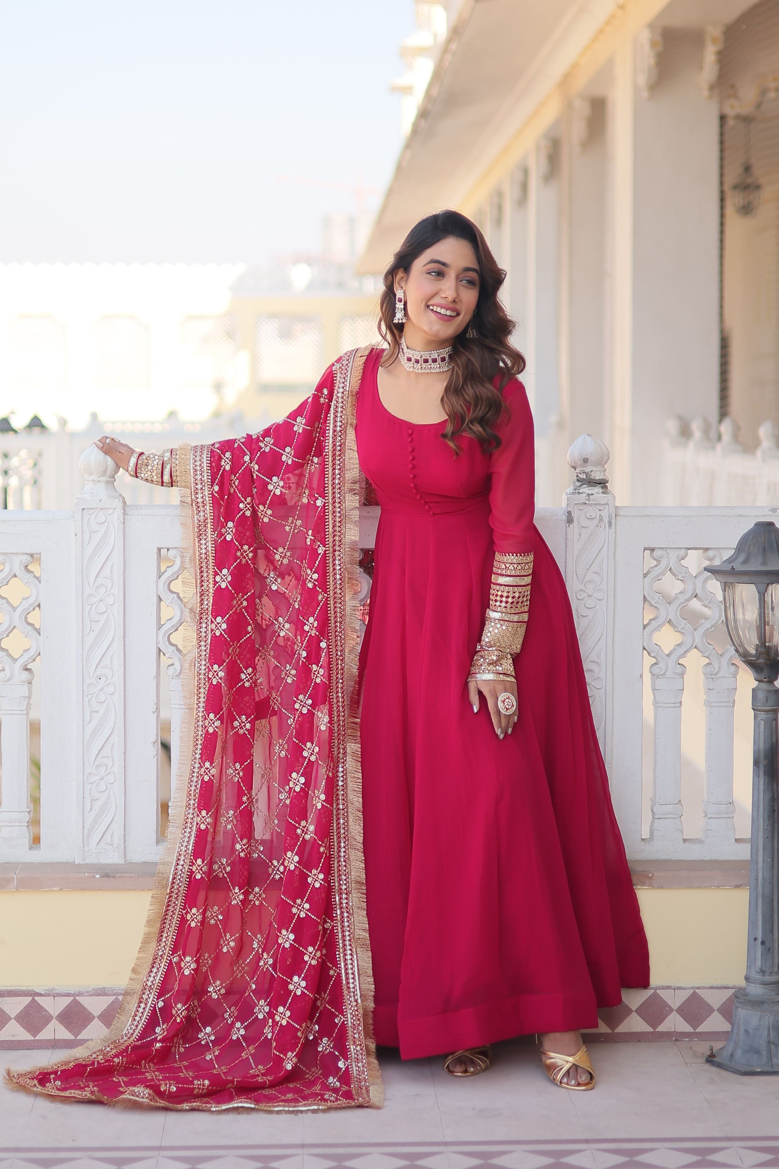 Aastha Pink Faux Blooming with Gown Embroidered Multi-Sequins work