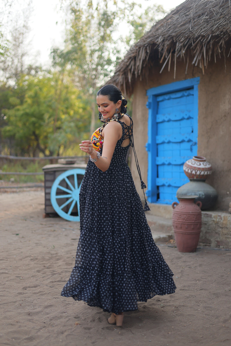 Aastha Black with Gown fabric Faux Georgette Bandhani Print work with kutchi patchework