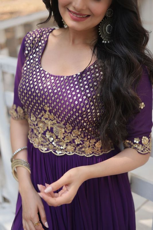 Aastha Purple with Gown Blooming Faux Georgette Embroidery Zari Sequins-work