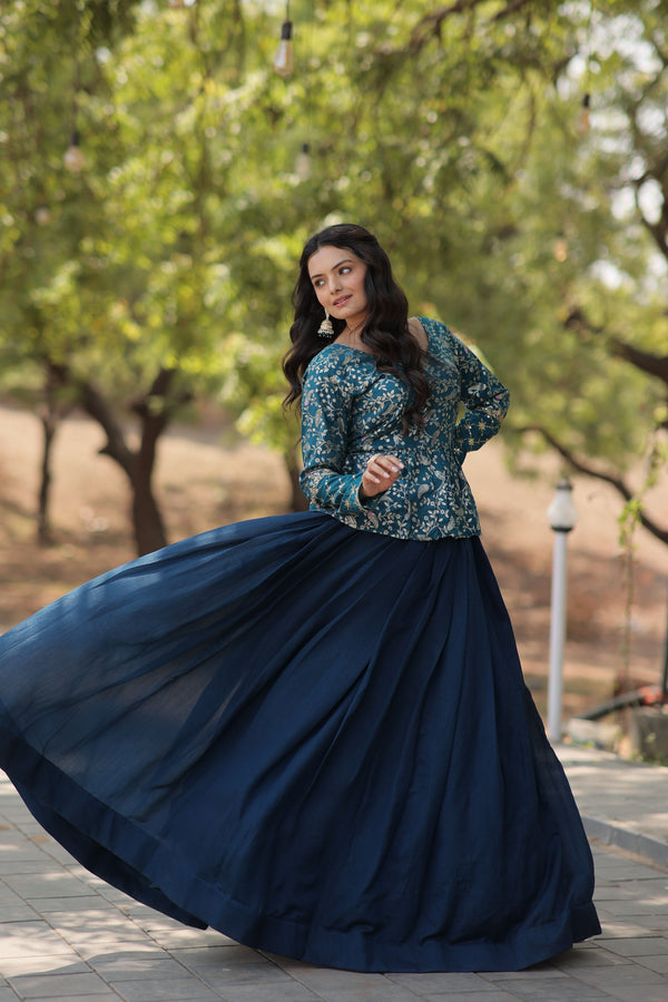 Aastha fashion Rama Shimmer Vichitra Lehenga  Viscose Jacquard  blouse fabric embroidery work