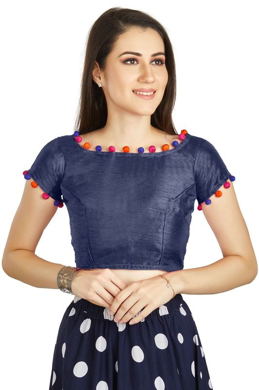 Aastha fashion Royal Blue Art Sleek Boat Neck Blouse Work Potli Design In Neck Or Sleeve
