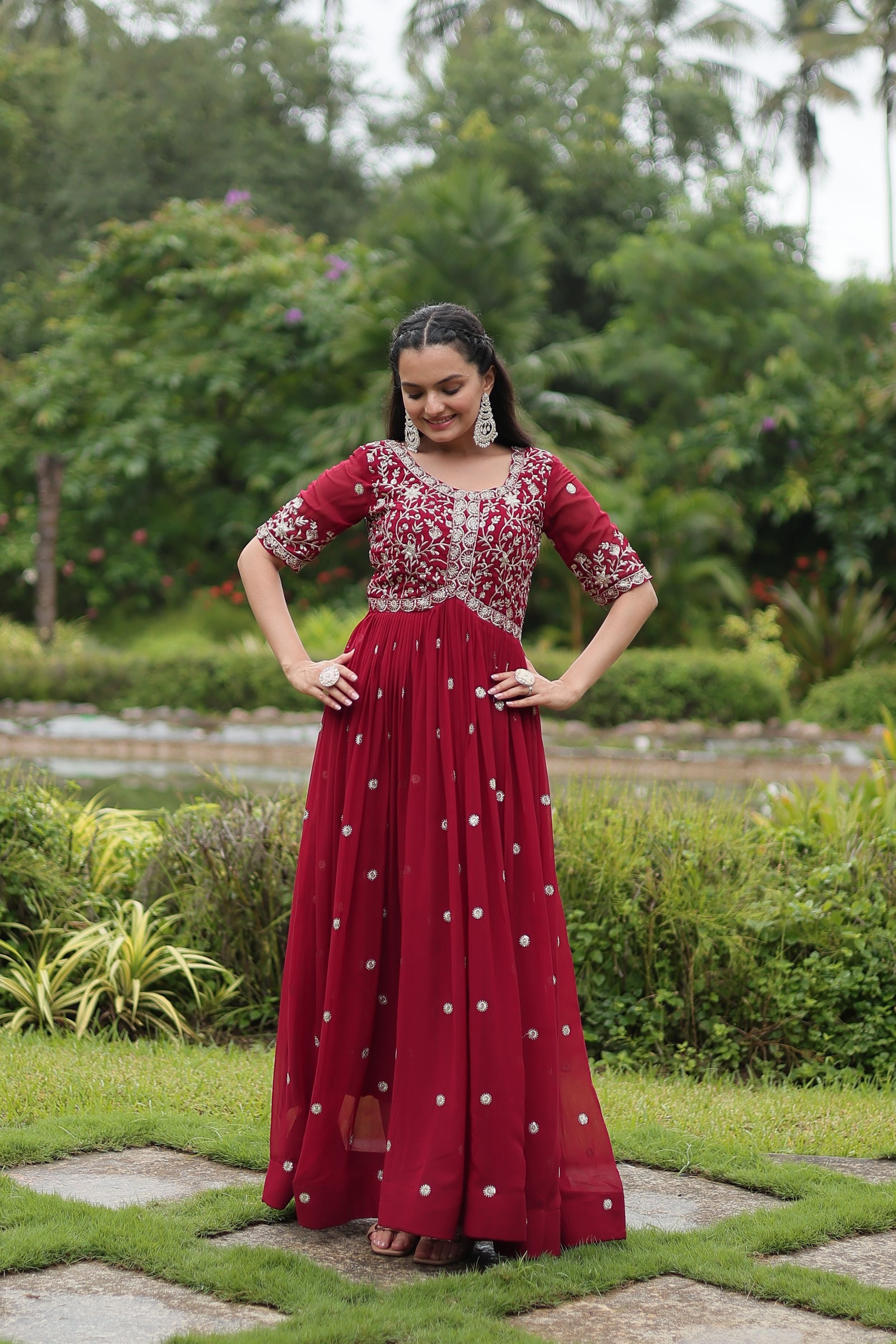 Aastha Maroon Faux Blooming with Gown Embroidery Zari Sequins-work