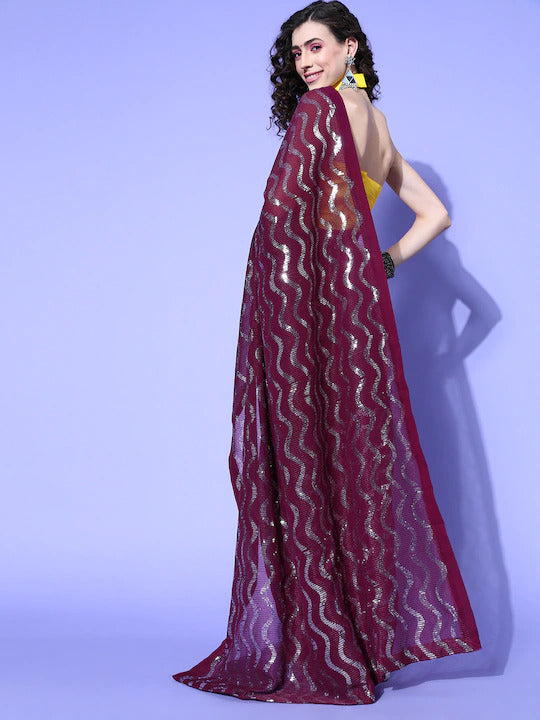 Aastha Wine Soft Organza Beautiful Sequance  Embroidery Work