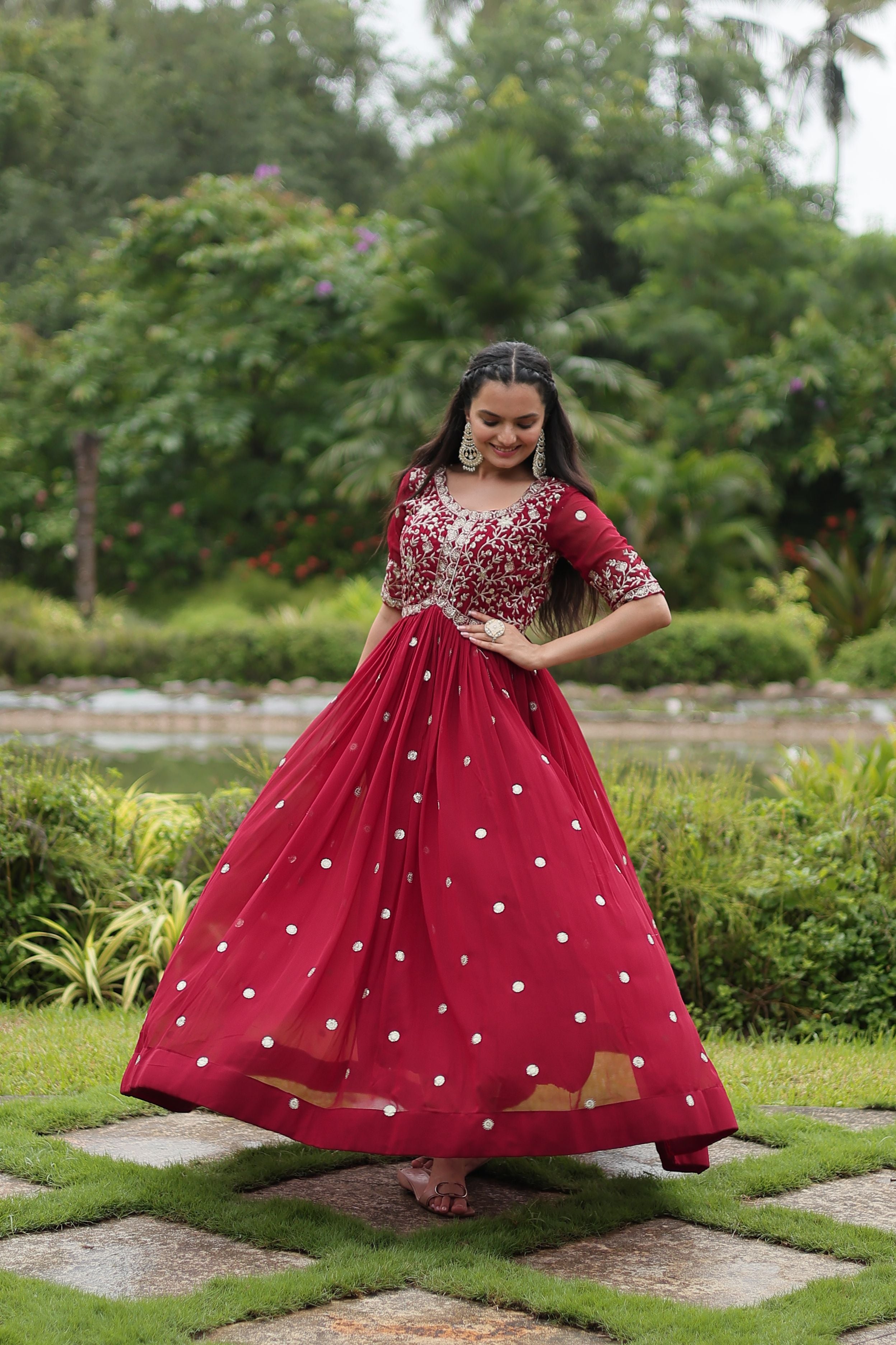 Aastha Maroon Faux Blooming with Gown Embroidery Zari Sequins-work