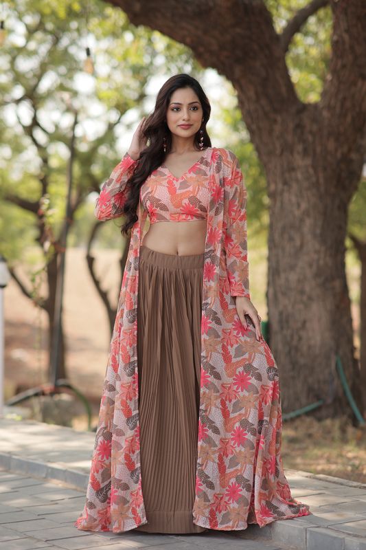 Aastha fashion coffee Faux Georgette lehanga  blouse fabric embroidery work