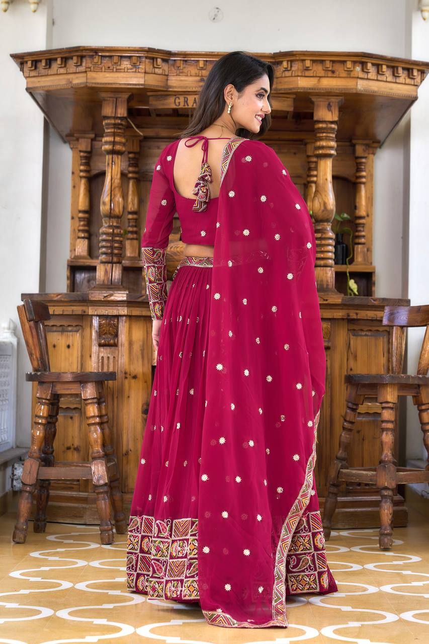 Aastha fashion Magenta Faux Georgette lehanga blouse fabric Heavy Sequence and Thread Embroidery Work