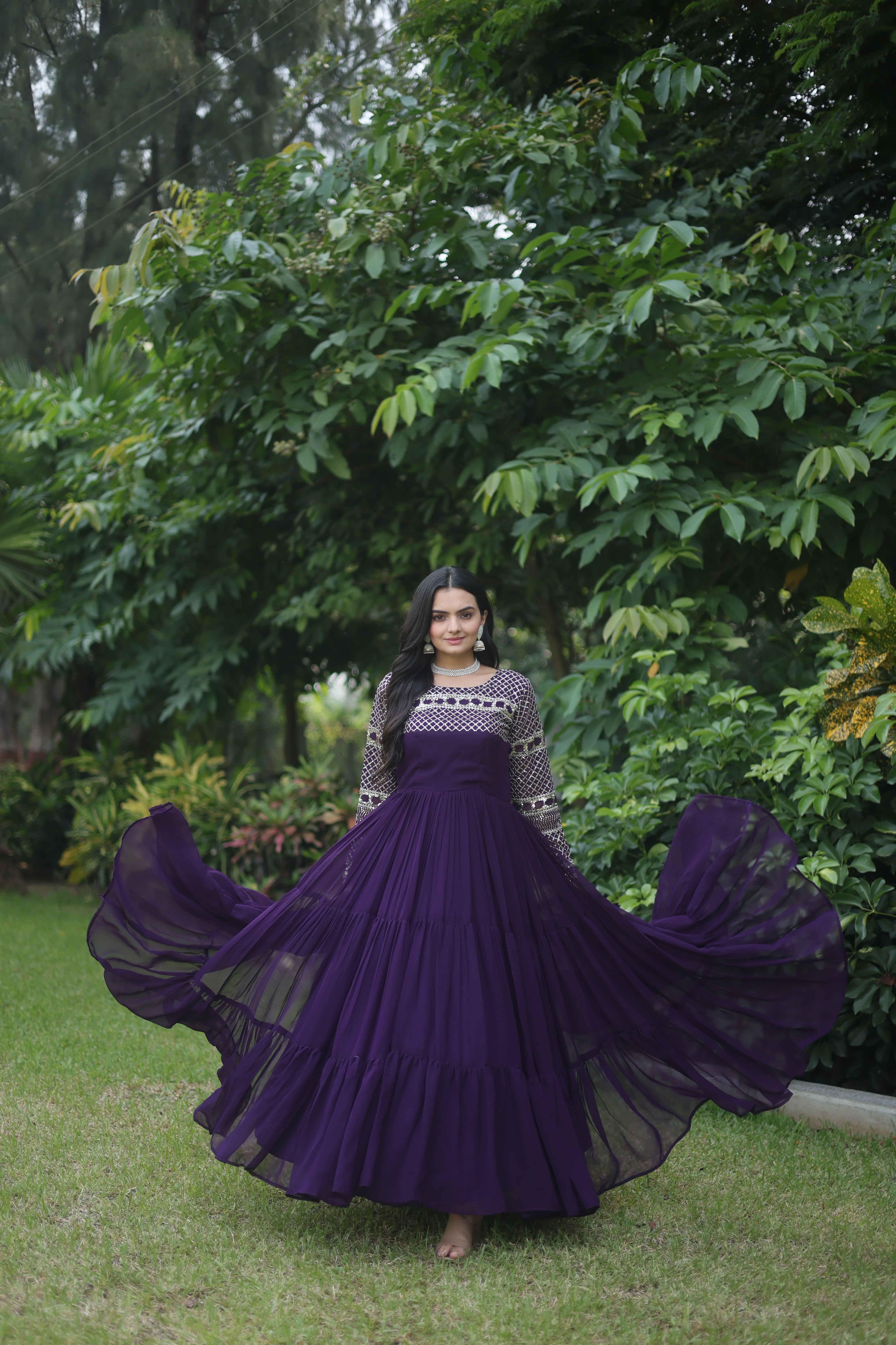 Aastha Purple Faux Blooming Russian Silk with Gown Embroidered  Zari Sequins-work
