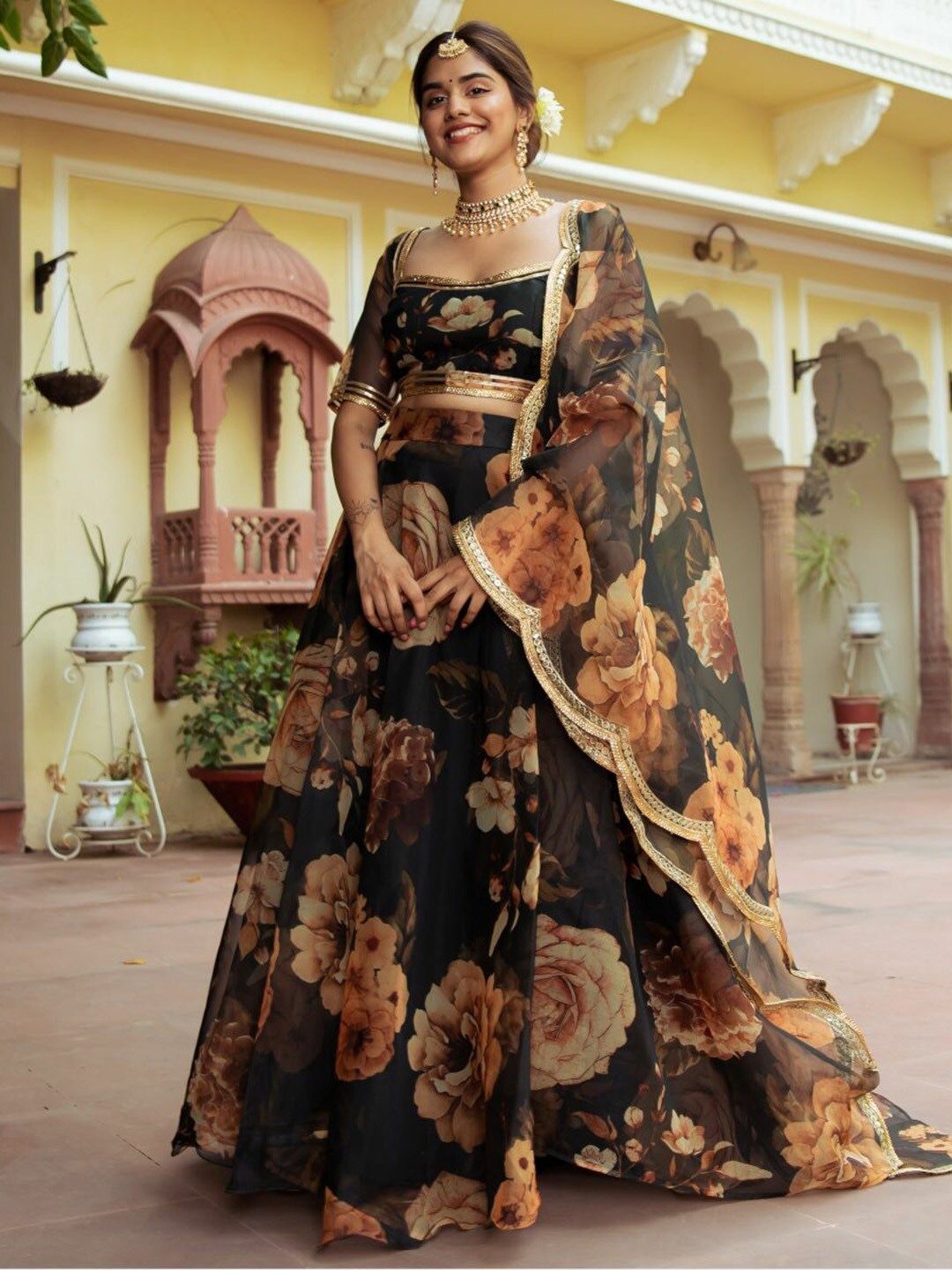 Aastha fashion Black Organza lehanga blouse fabric Floral Digital Print with Embroidery Work