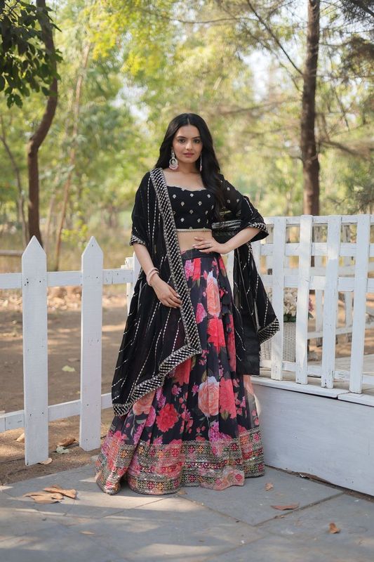 Aastha fashion black Faux Georgette lehanga 	Faux Blooming blouse fabric embroidery work
