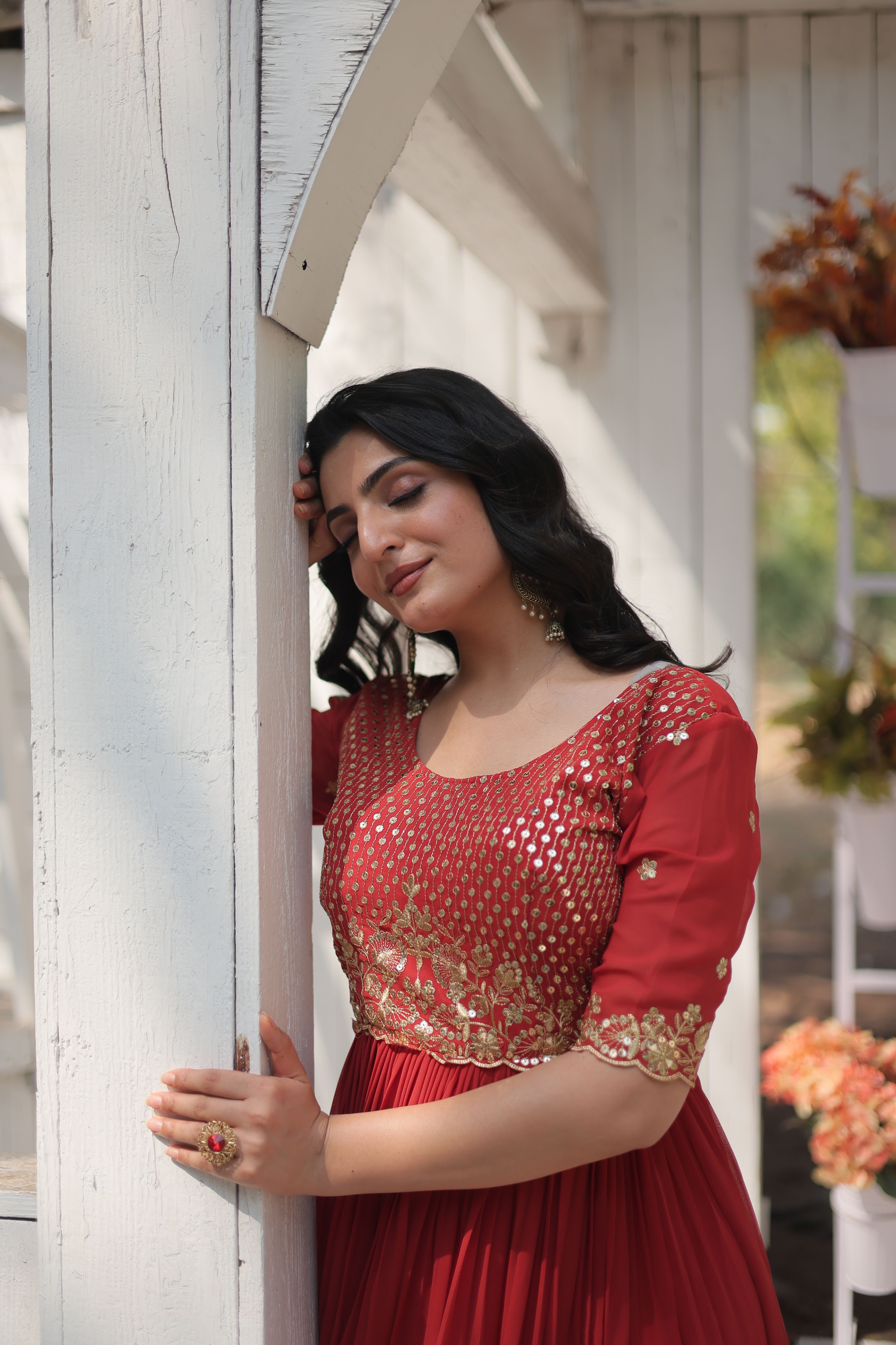 Aastha Orange with Gown Blooming Faux Georgette Embroidery Zari Sequins-work