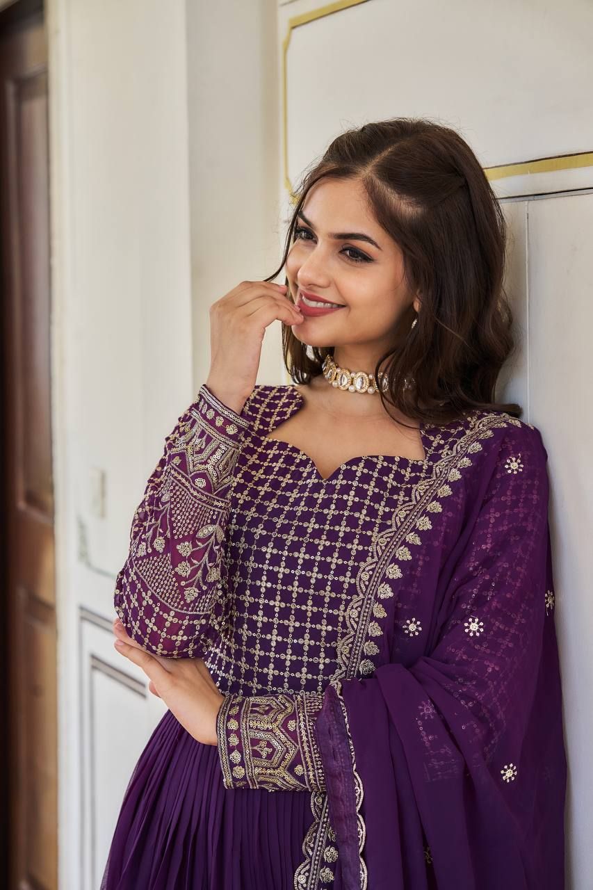 Aastha Purple Fox Georgette with Micro Cotton Heavy 3mm sequence Embroidery Work