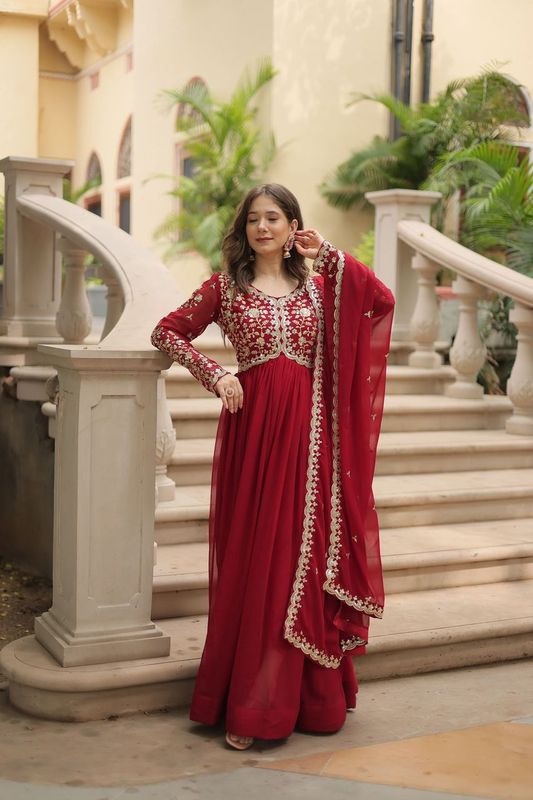 Aastha Maroon Faux Blooming with Gown Sequins-Multi & Zari Embroidered Work