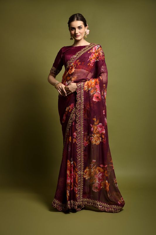 Aastha Wine Heavy soft Chiffon Heavy Mono Banglori beautiful floral Print Work