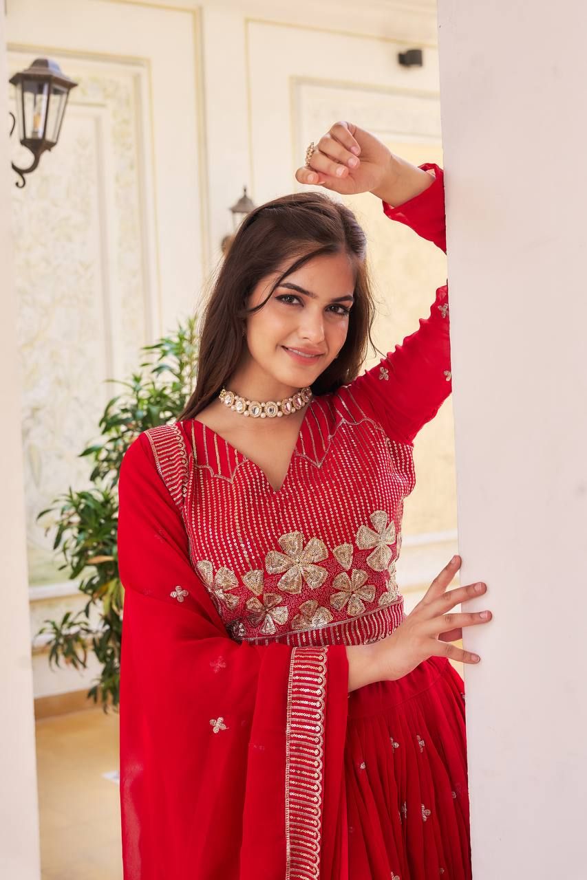 Aastha fashion Red Heavy Fox Georgette lehanga blouse fabric Embroidery Sequence Work
