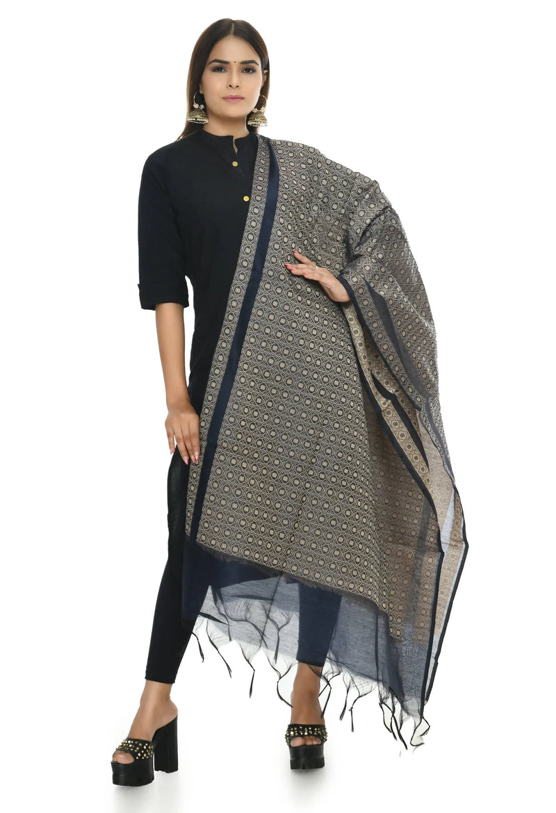 Mominos Fashion Moeza Handloom Cotton Navy Blue Dupatta For Women