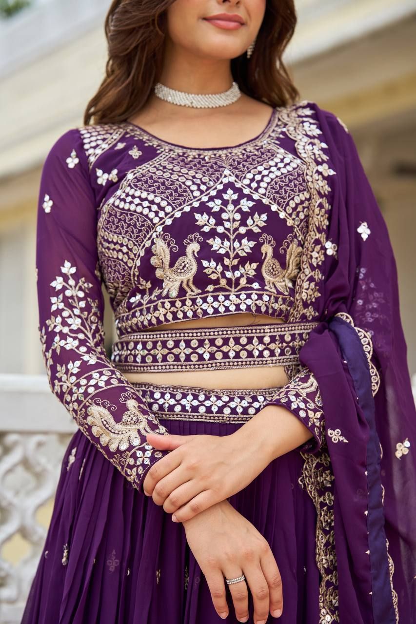 Aastha fashion purple Heavy Fox Georgette lehanga blouse Embroidery 7mm Sequence Work with Belt