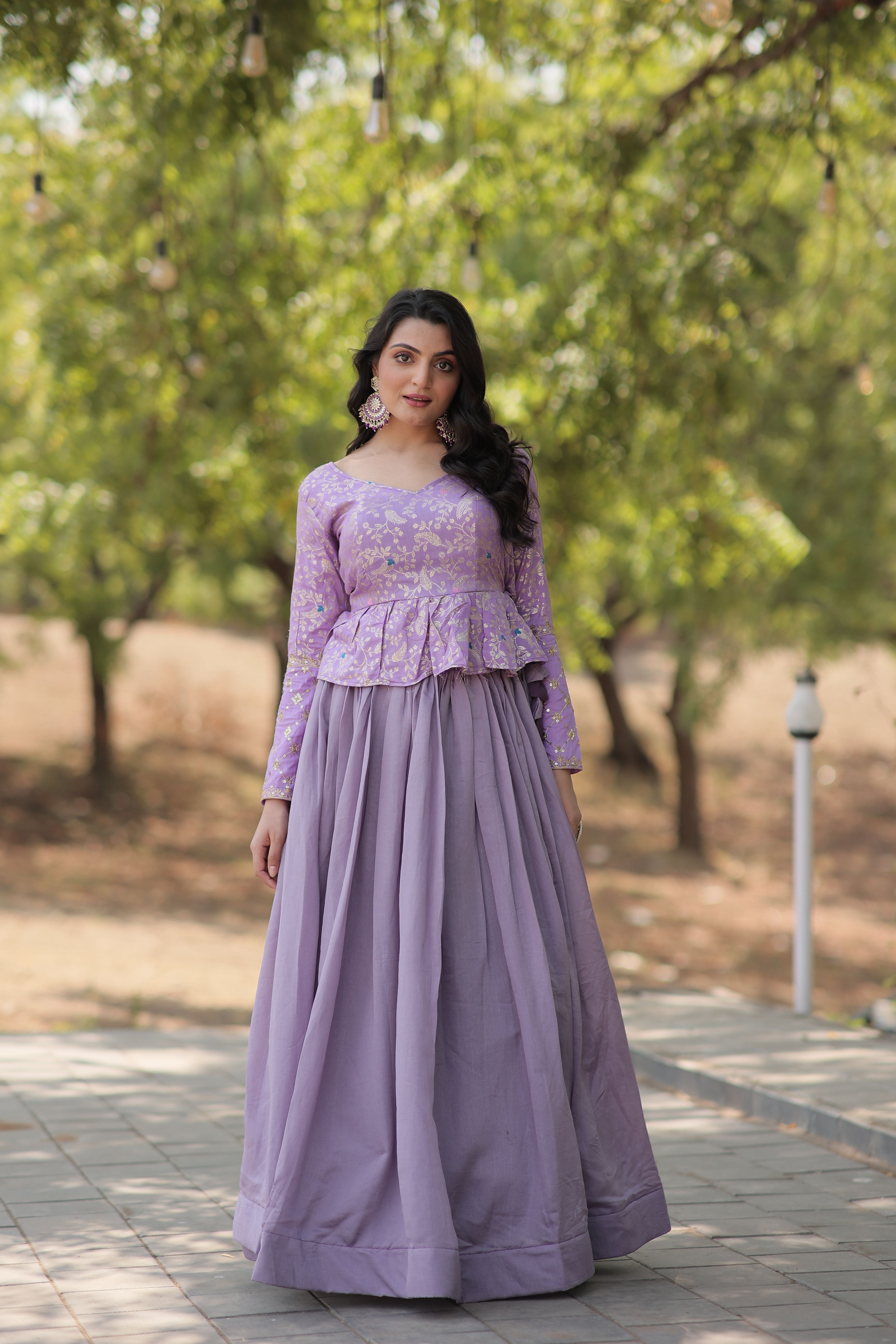 Aastha fashion  Lavender Shimmer Vichitra Lehenga  Viscose Jacquard  blouse fabric embroidery work