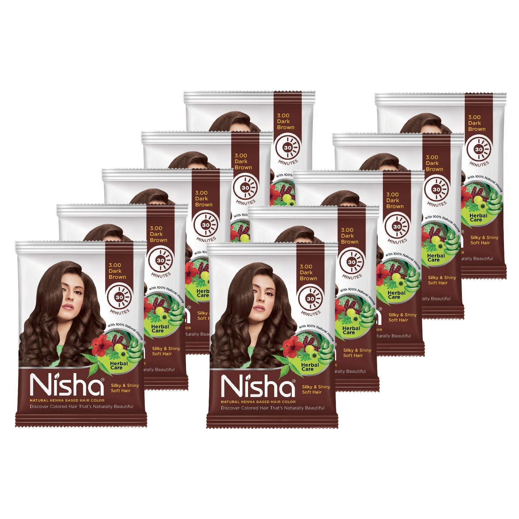 Nisha Henna Based Hair Colour for Women & Men - Dark Brown (Pack of 10)