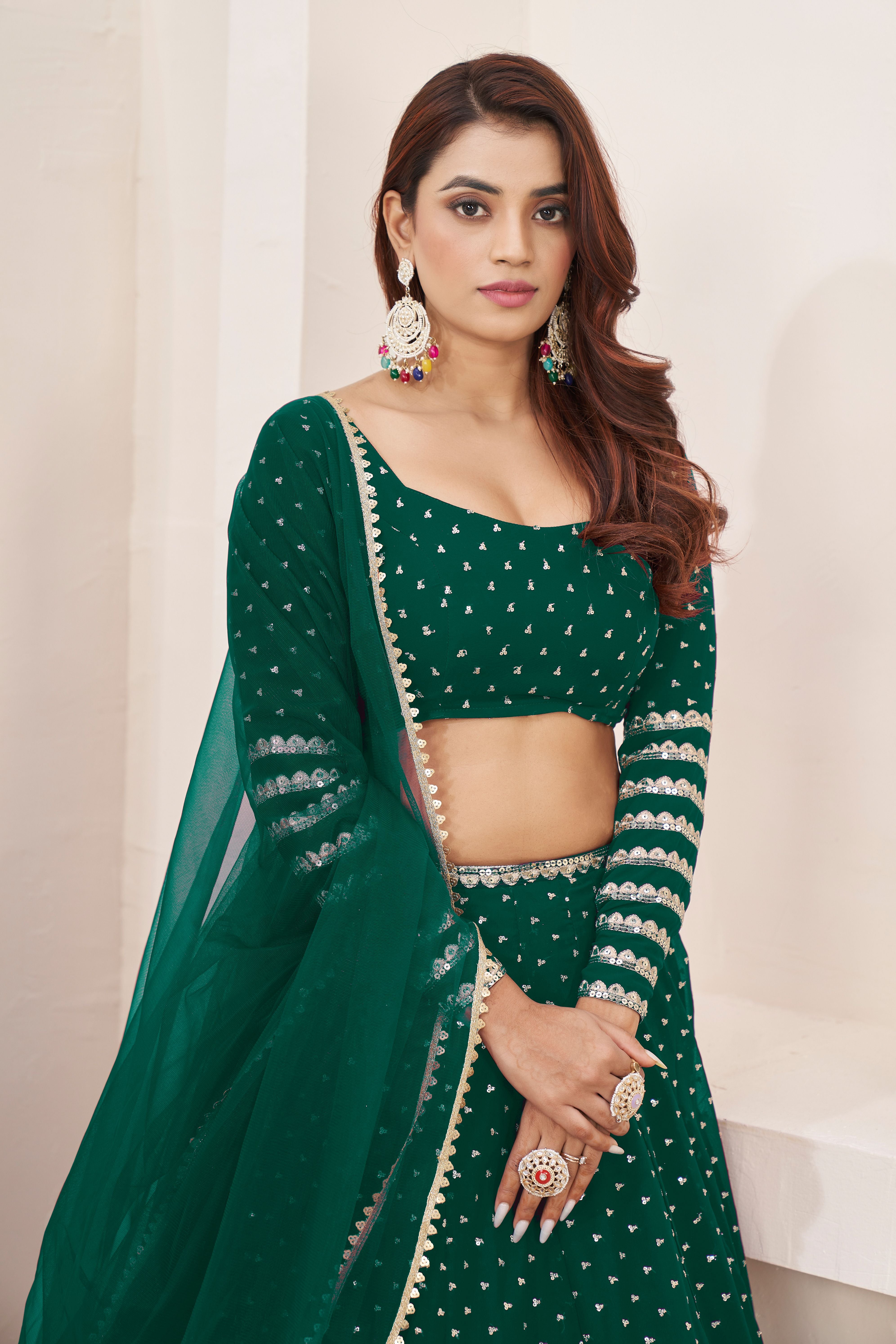 Aastha fashion green georgrtte lehanga blouse fabric Sequins Zari Embroidered Work