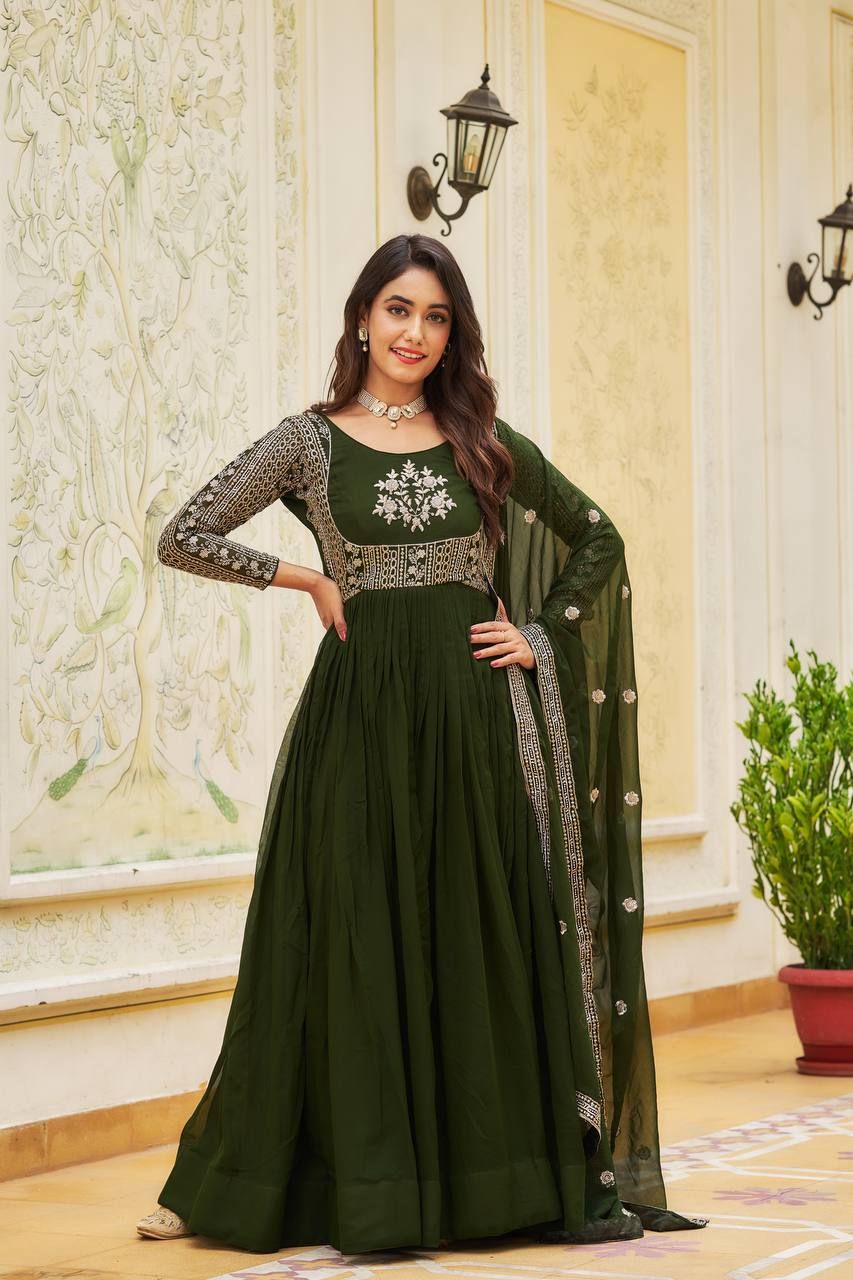 Aastha Mahendi Fox Georgette with Micro Cotton Heavy sequence Embroidery Work