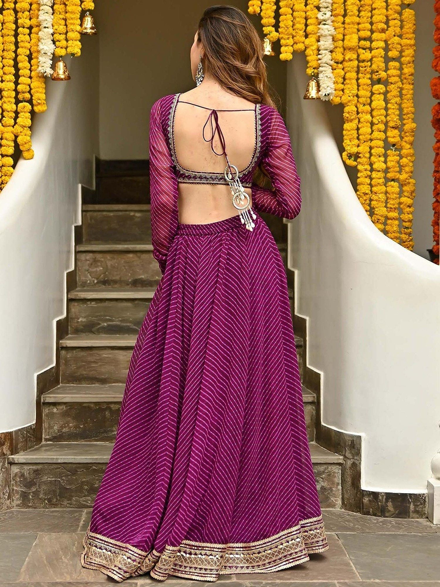 Aastha fashion purple Georgette lehanga blouse fabric Zari and Cording Lace work with Leheriya Print
