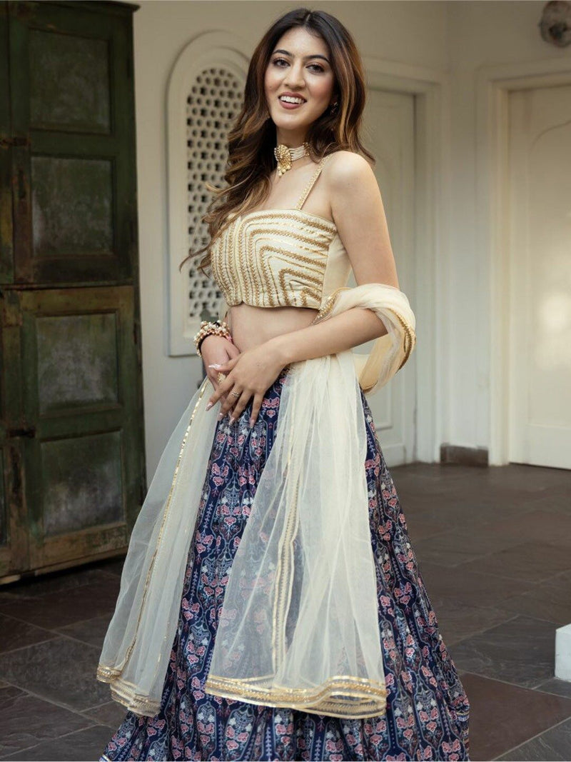 Aastha fashion Blue Organza lehanga blouse fabric Floral Digital Print with Embroidery Work