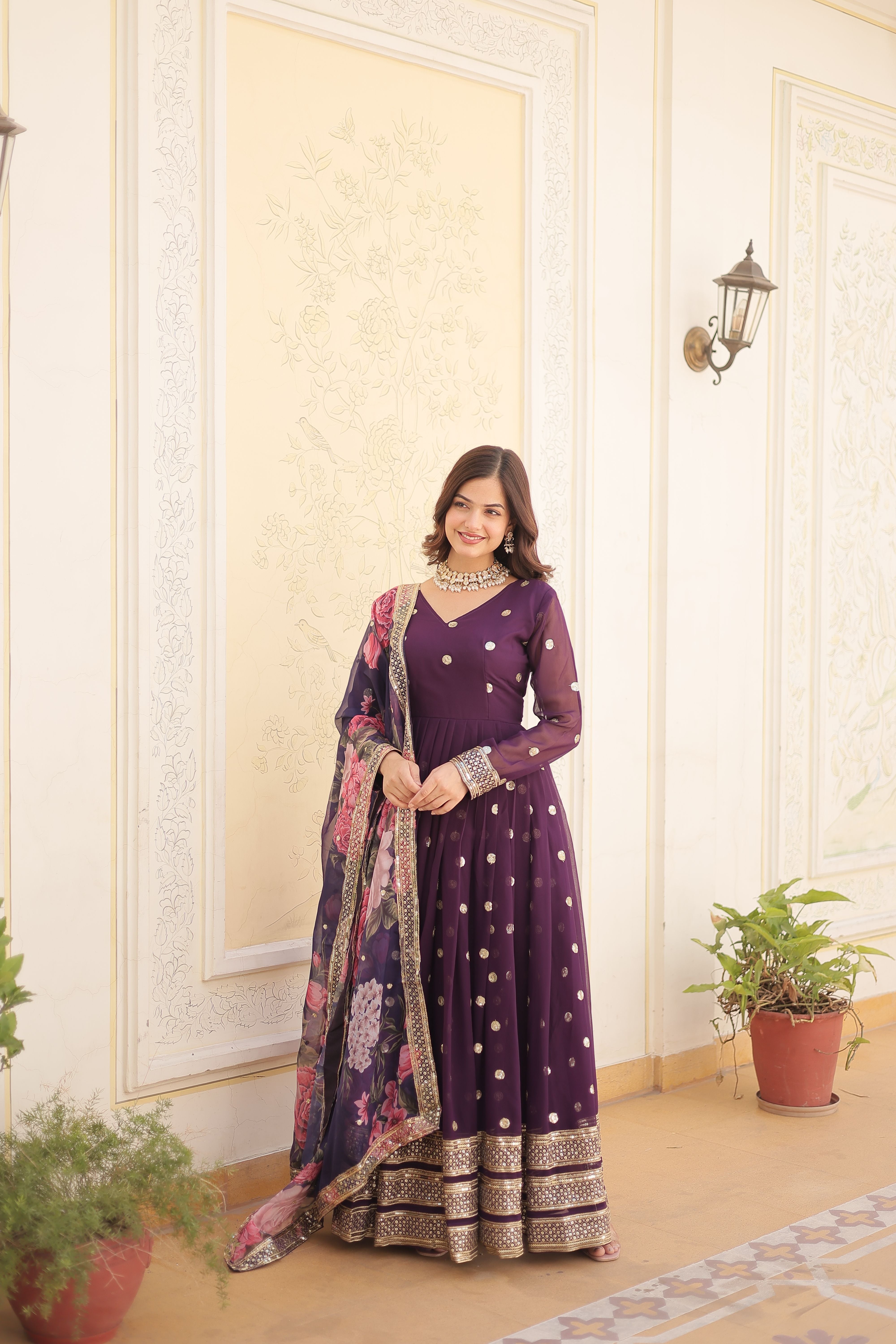 Aastha Purple Faux georgette with Gown Tabby silk